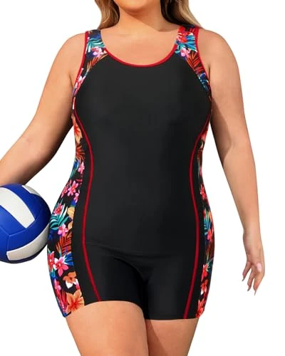 Daci Plus Size One Piece Swimsuit Women Athletic Boyleg Bathing Suit Full Coverage Swimwear, Black Red Flower, 22 Plus