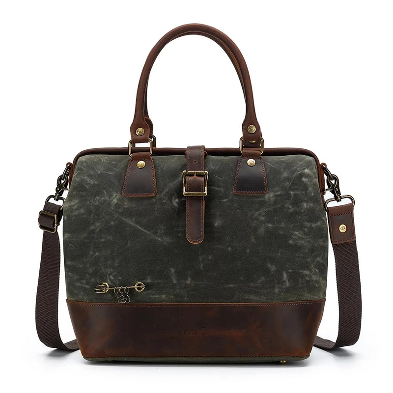 Della Q Makers Satchel Canvas Handmade Bag for Knitting or Crocheting Projects, Leather, Olive, 34cm x 30cm x 18cm