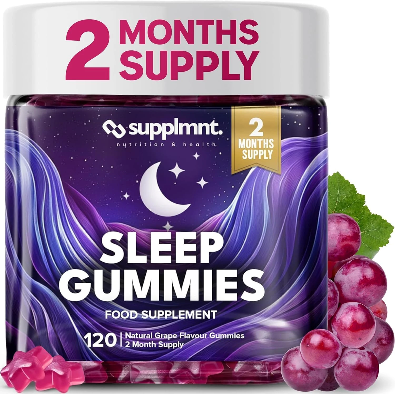 Supplmnt. Sleep Gummies for Adults | 2-Month Supply Sugar Free, Vegan – with Natural 5HTP Griffonia Seed & Valerian Root Extract, Magnesium, L-Theanine, Glycine | Grape Flavour Sleep Supplement, 120ct