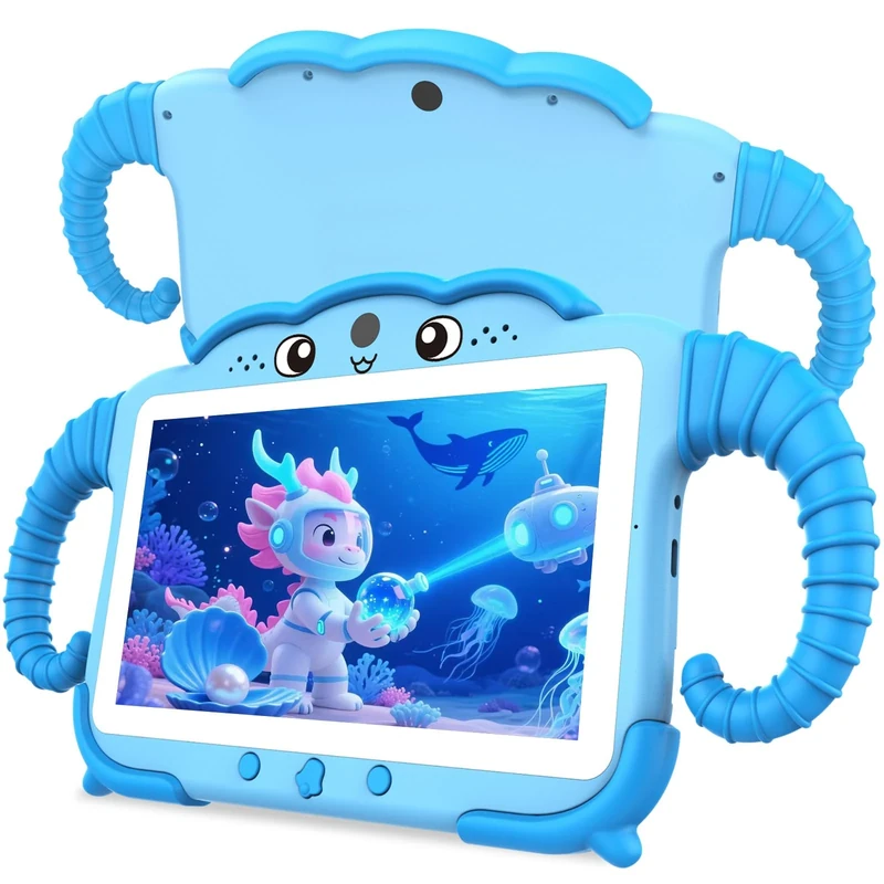 TUNUYEXST 7 Inch Kids Tablet for Toddlers, Children’s Tablet for Kids with Quad Core 32G ROM 128GB Extendable Parental Control, WiFi, Bluetooth, Dual Camera with Silicone Case(Blue)