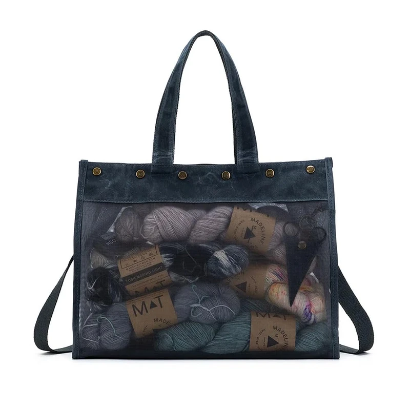 Della Q Makers Mesh Tote Handbag-for Yarn, Needles, Patterns and Personal Items, Leather, Blue, 38cm x 25cm x 15cm