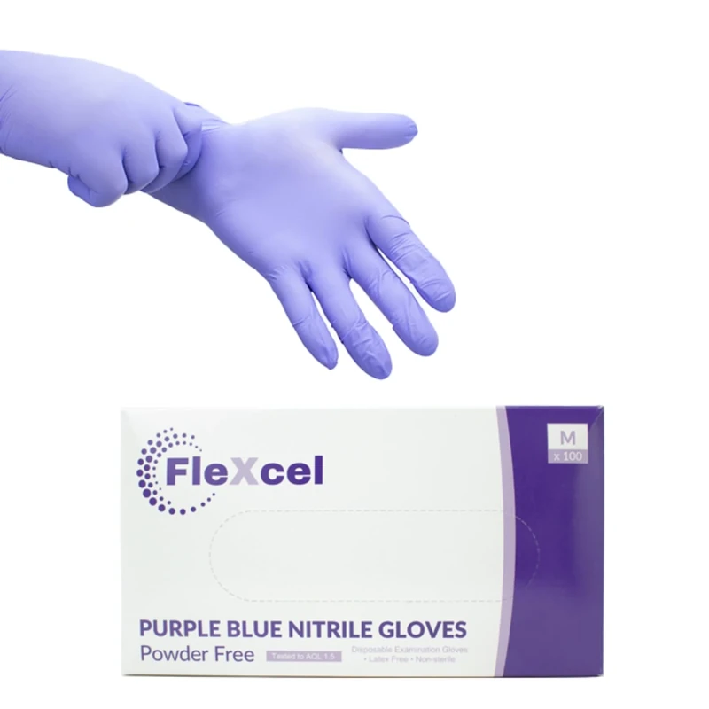 FleXcel Purple Nitrile Gloves (Box of 100) Size X-Large - Multipurpose Powder Free, Latex Free, Medical Grade, Food Safe Examination Gloves - AQL 1.5 PPE Regulation 2016/425 Category III Certified