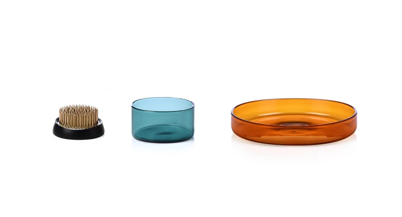 Ichendorf Milano Set of 2 Glass Trays + 1 Flower Frog in Brass, Petrol Green and Amber, Kenzan Collection, Handmade
