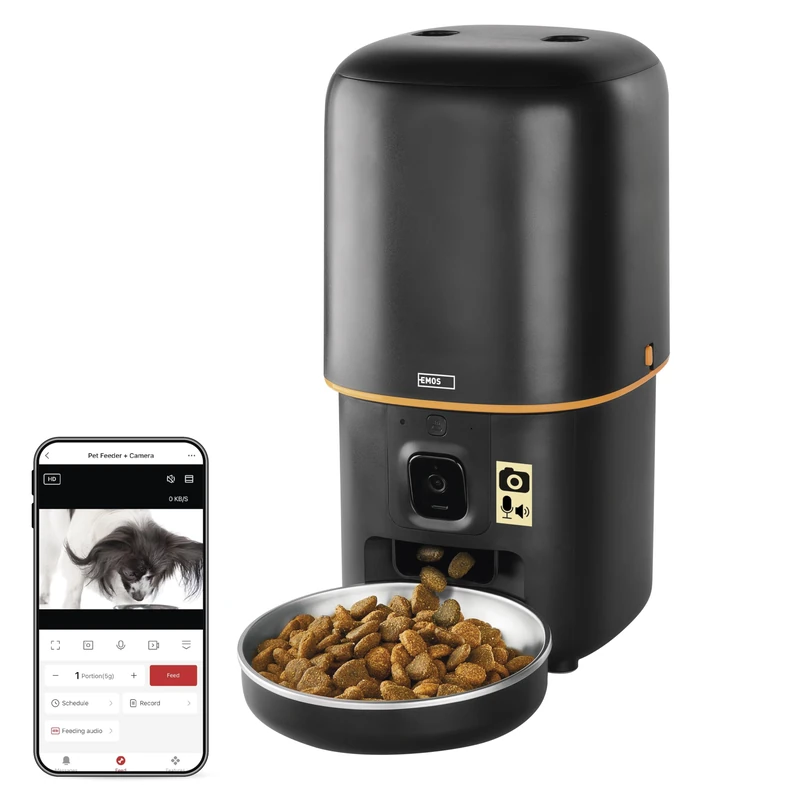 EMOS - GoSmart Automatic Feeder 4 L with Camera - WiFi Pet Care Feeder with App - Dry Food Automatic for Cats & Dogs with Schedule, Voice Recording, Dosage 1-12 Meals a Day - Black