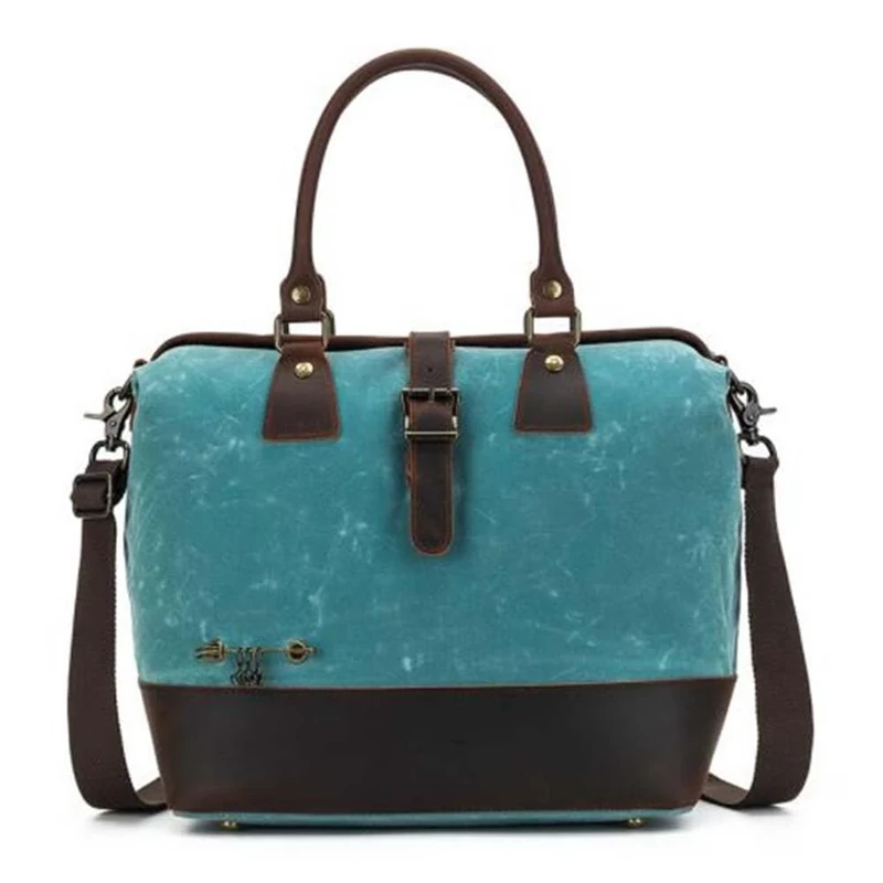 Della Q Makers Satchel Canvas Handmade Bag for Knitting or Crocheting Projects, Leather, Teal, 34cm x 30cm x 18cm