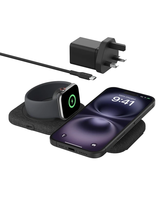 Belkin BoostCharge Pro 2-in-1 Magnetic Wireless Charging Travel Pad 15W, Foldable Qi2-Certified Wireless Charger, MagSafe-Compatible Charger for iPhone 17, Air, Apple Watch 11, AirPods