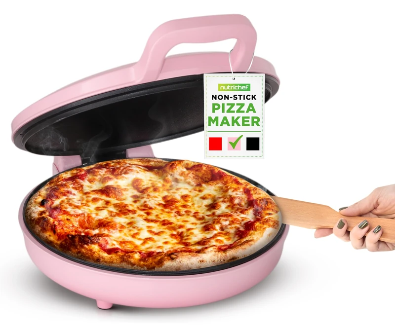 NutriChef Countertop Pizza Maker, 1500W Non-Stick Electric Pizza Cooker, Makes 30.5 cm Personal Pizzas, Temp Range 80–204°C, Pizza Oven Indoor, Air Fryer Microwave Combo, Instant Pot Air Fryer, Pink