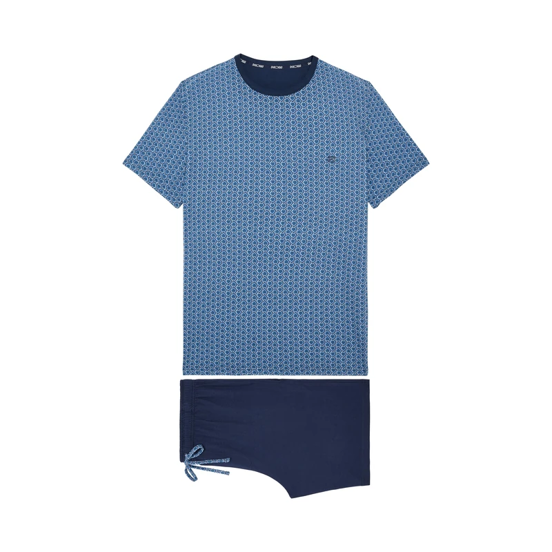 HOM Men's Pyjama Court Martinez Pajama Set, Top: Abstract Scales Pattern in Blue, Navy and White, Trousers: Plain Navy, XXL