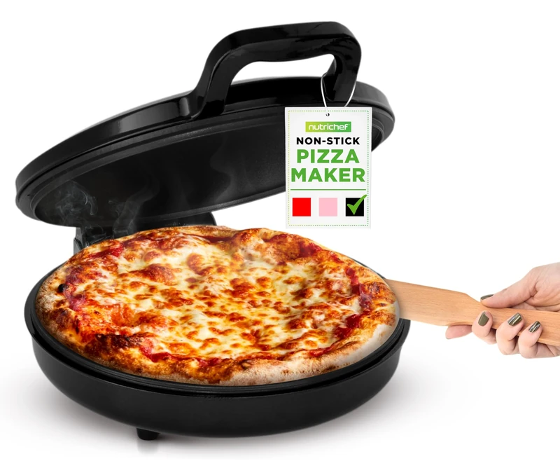 NutriChef Countertop Pizza Maker, 1500W Non-Stick Electric Pizza Cooker, Makes 30.5 cm Personal Pizzas, Temp Range 80–204°C, Pizza Oven Indoor, Air Fryer Microwave Combo, Red, Black