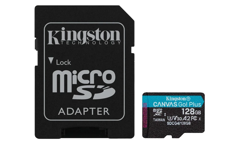 Kingston Canvas Go Plus microSDXC Memory Card Gen4 200MB/s A2 U3 V30 128GB Card + Adapter-SDCG4/128GB
