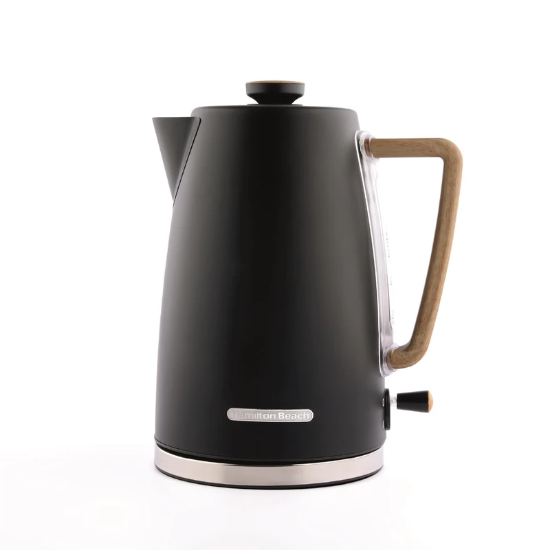 Hamilton Beach Electric Kettle, Scandi 1.7L, Boil Dry Protection, Auto Shut Off, Water Level Window, Stay Cool Handle, Ergonomic Grip, Matte Black with Wood Effect - HBK01MB