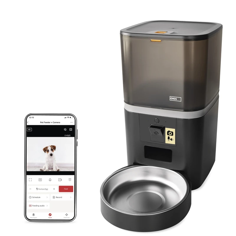 EMOS - GoSmart Automatic Feeder 6 L with Camera - WiFi Pet Care Feeder with App - Dry Food Automatic for Cats & Dogs with Schedule, Voice Recording, Dosage 1-12 Meals a Day - Black