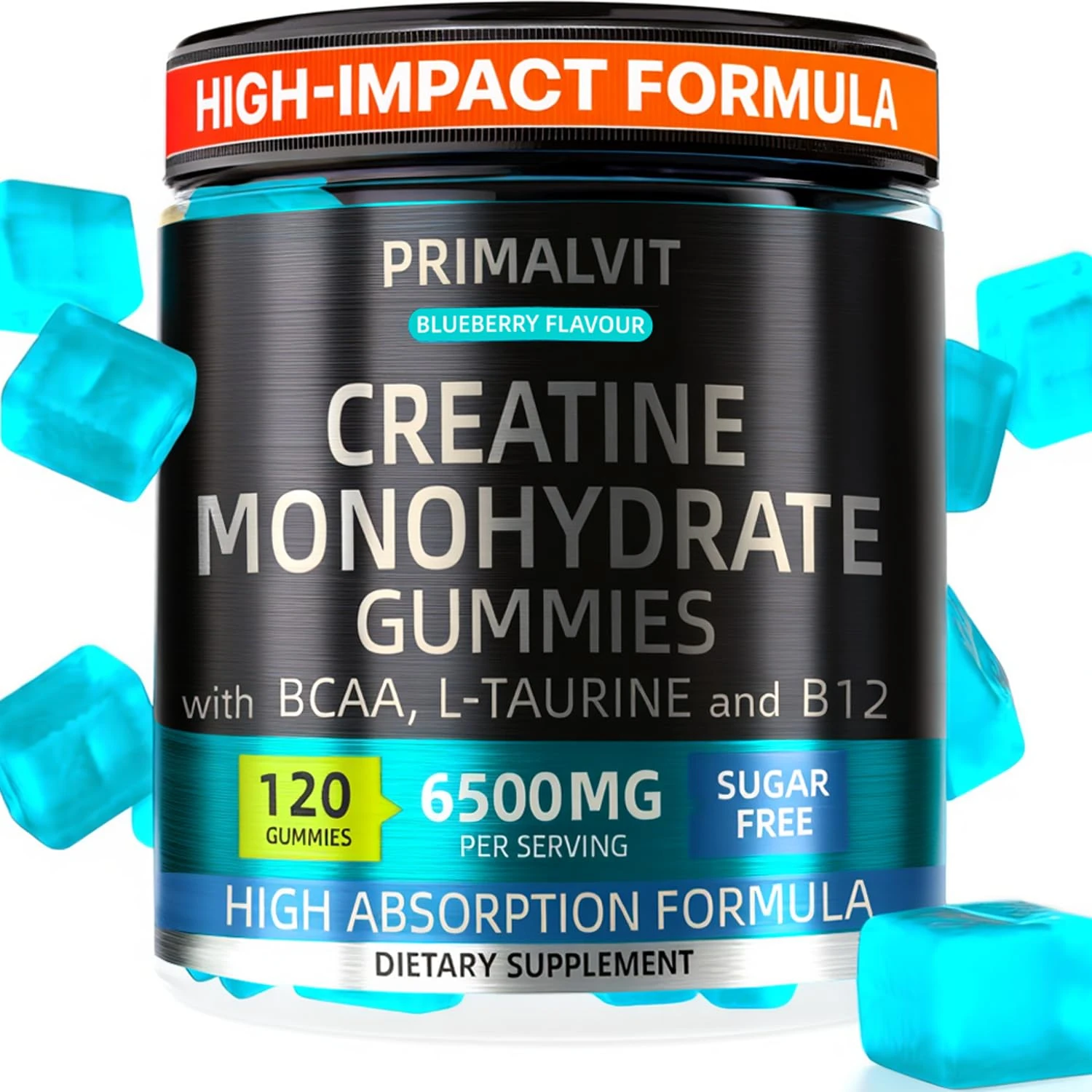 120 Creatine Gummies 6500mg Sugar-Free Complex – 40-Day Supply – Pre-Workout Creatine Monohydrate + BCAA, L-Taurine, B12 – Max Strength Chewable Gym Supplement Vegan Gummy Chews Men & Women Primalvit