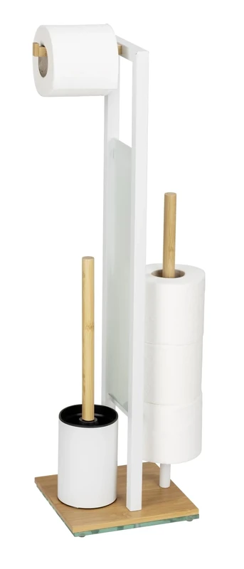 Rivalta Freestanding Toilet Brush Toilet Roll Holder Bamboo Safety Glass Steel 18 x 70 x 23 cm Natural White