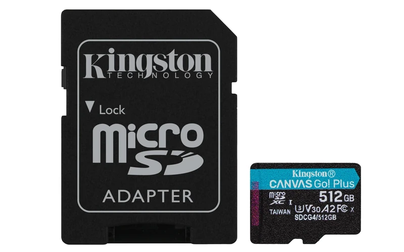 Kingston Canvas Go Plus microSDXC Memory Card Gen4 200MB/s A2 U3 V30 512GB Card + Adapter-SDCG4/512GB