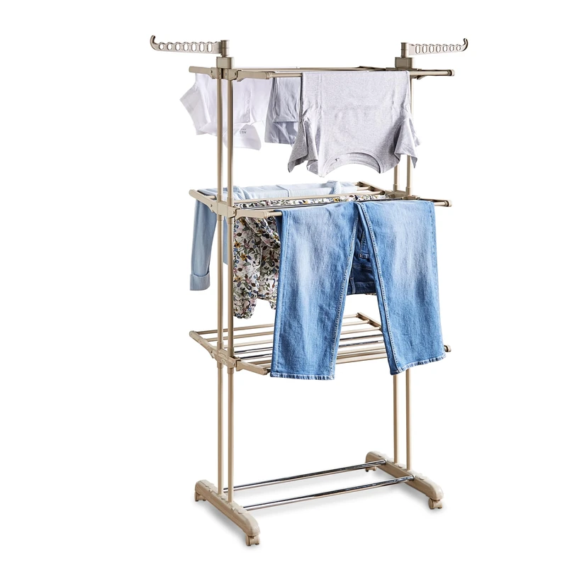 Tower 4 Tier Clothes Airer, Large Heavy Duty Laundry Drying Rack, Foldable Design with 18m Drying Space & 14 Hanger Slots, Indoor & Outdoor Use, Collapsible with Integrated Wheels, Latte
