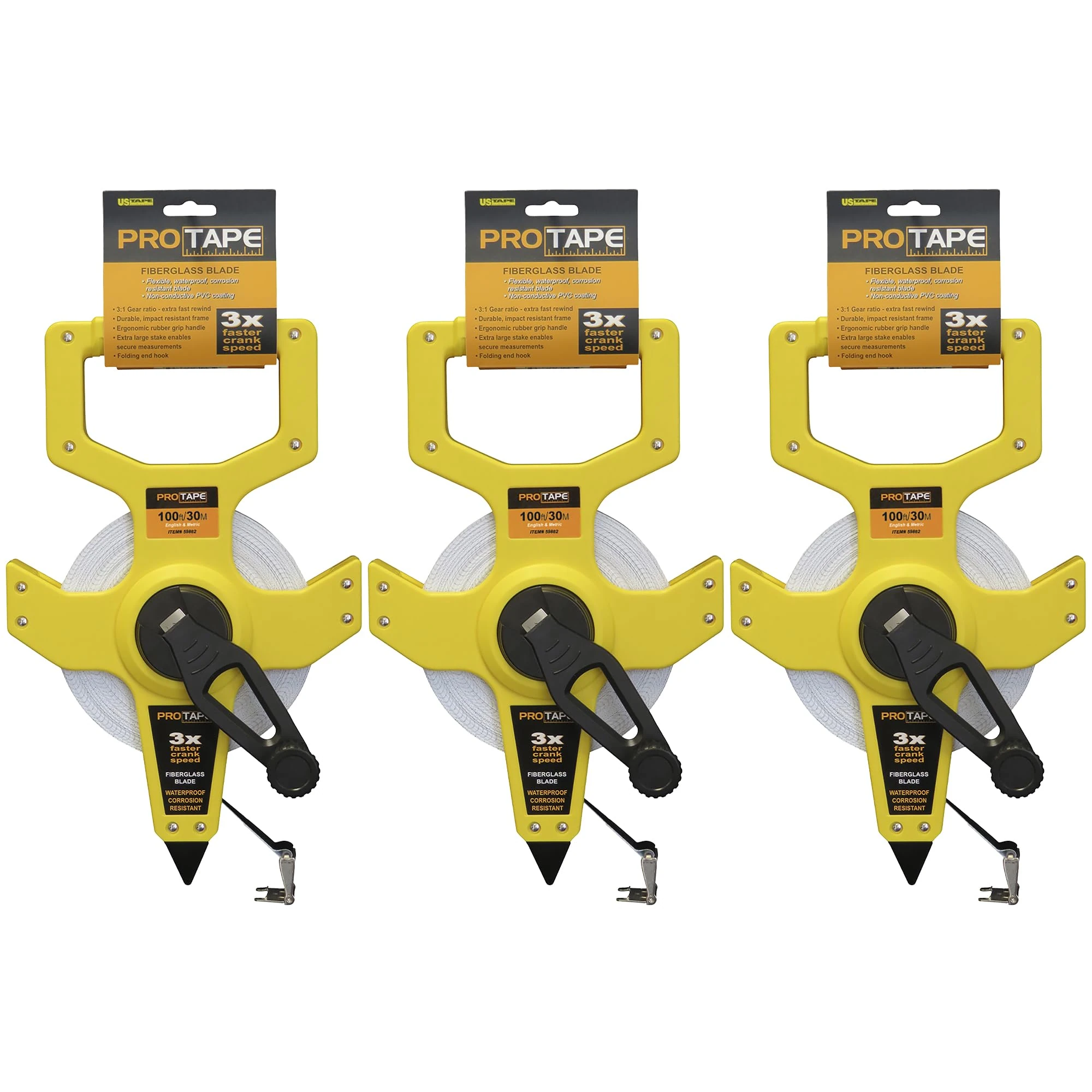 Fiberglass Open Reel ProTapes – English/Metric 3X Faster Rewind. 1/2" x 200'/60m; 8ths and cm. (3 Pack)