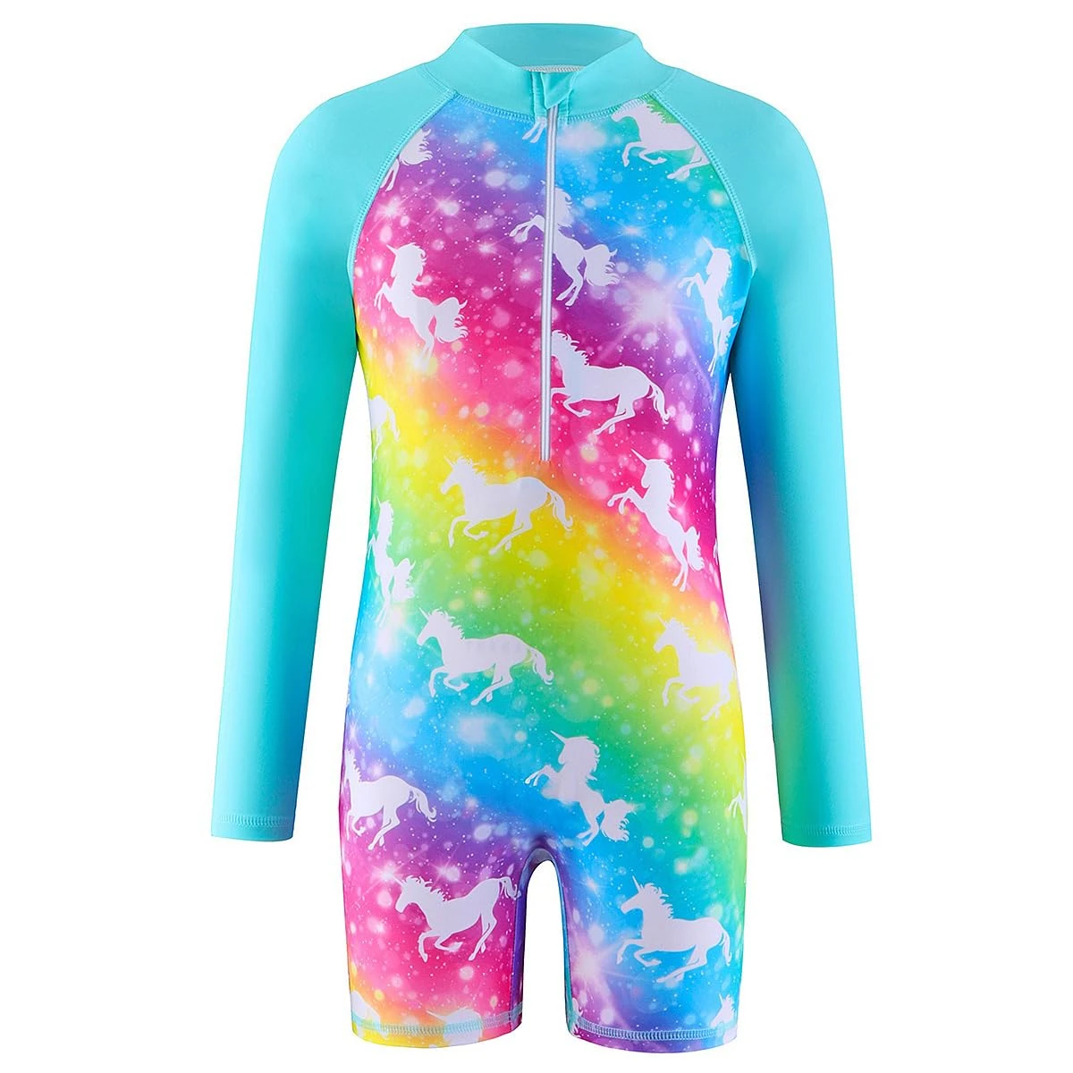 Atorcher Swimming Costume for Girls One Piece Swimsuit Rash Gurad Swimsuits Long Sleeve Swimwear Bathing Suit High Neck Swimwear (UK, Age, 5 Years, 6 Years, Regular, Cyan Unicorn)