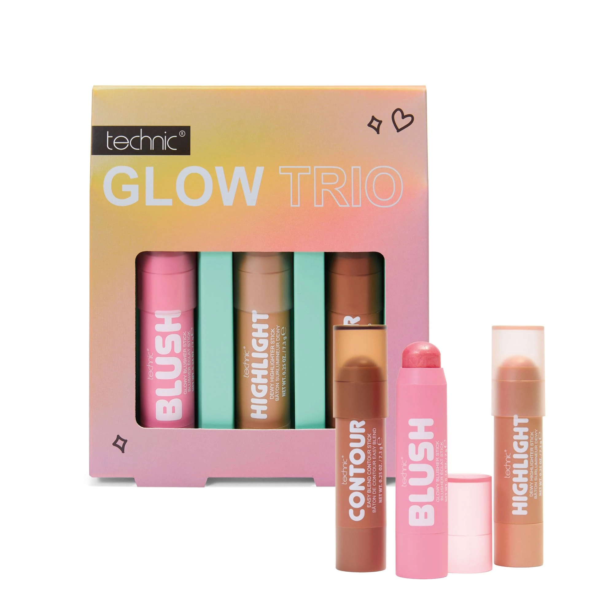 Technic Glow Trio Stick Set – Easy-to-Apply Cream Blusher, Highlighter & Contour for a Sculpted, Radiant Glow - Makeup Gift