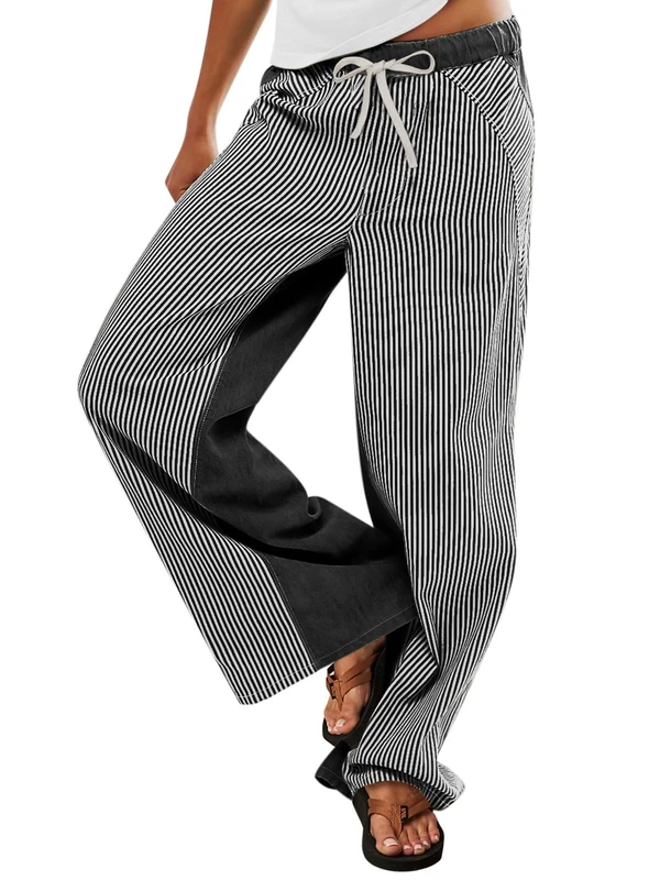 PEIHOT Low Rise Striped Pants for Women Pull On Drawstring Boho Wide Leg Jeans Trendy 2025, BlackGrey, S