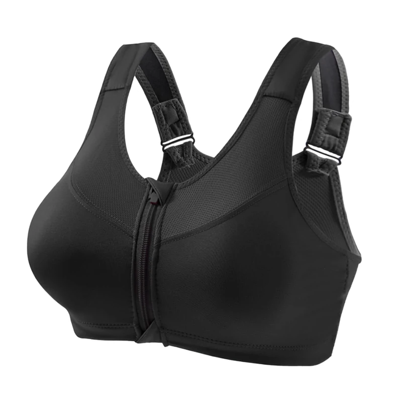 zoogobee Sports Bra Post Surgery Bra Zip Front Supportive Bras for Women Sports Bras Women High Impact Sports Bra for Large Breasts (UK, Alpha, L, Regular, Regular, Black)