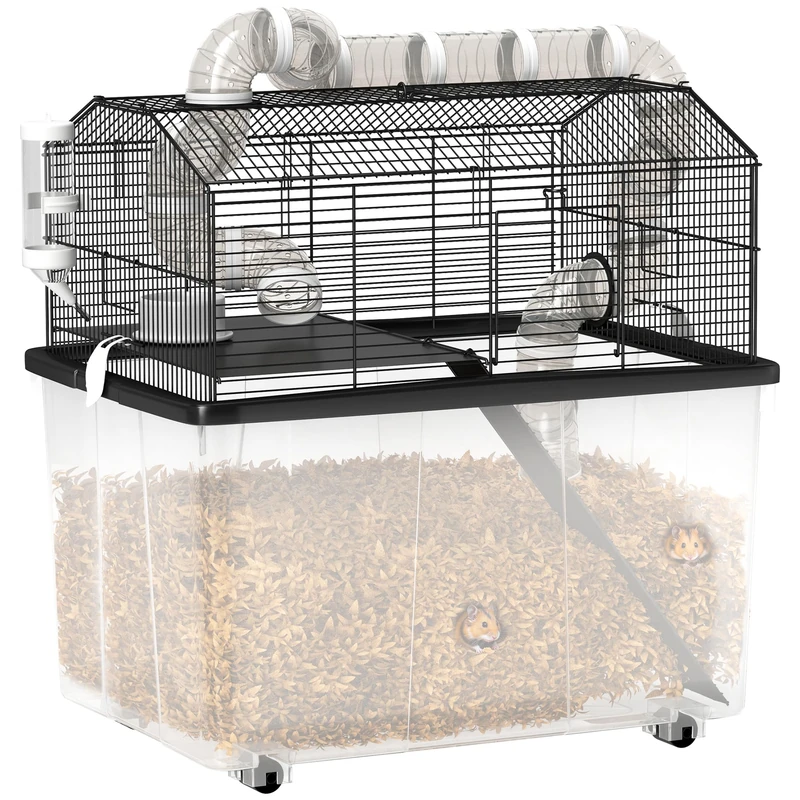 PawHut Hamster Cage, Hamster Cage with Ramp, Bowl, Water Bottle, Hose System, 58 x 43 x 57 cm, Black