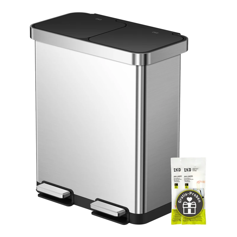 EKO Deluxe Stainless Steel 40 + 28 Litres 2 Compartments Kitchen Waste Bin, Waste Separation System,Removable Inner Bucket, Soft Closing, Fingerprint-Free, Rubbish Bin with lid