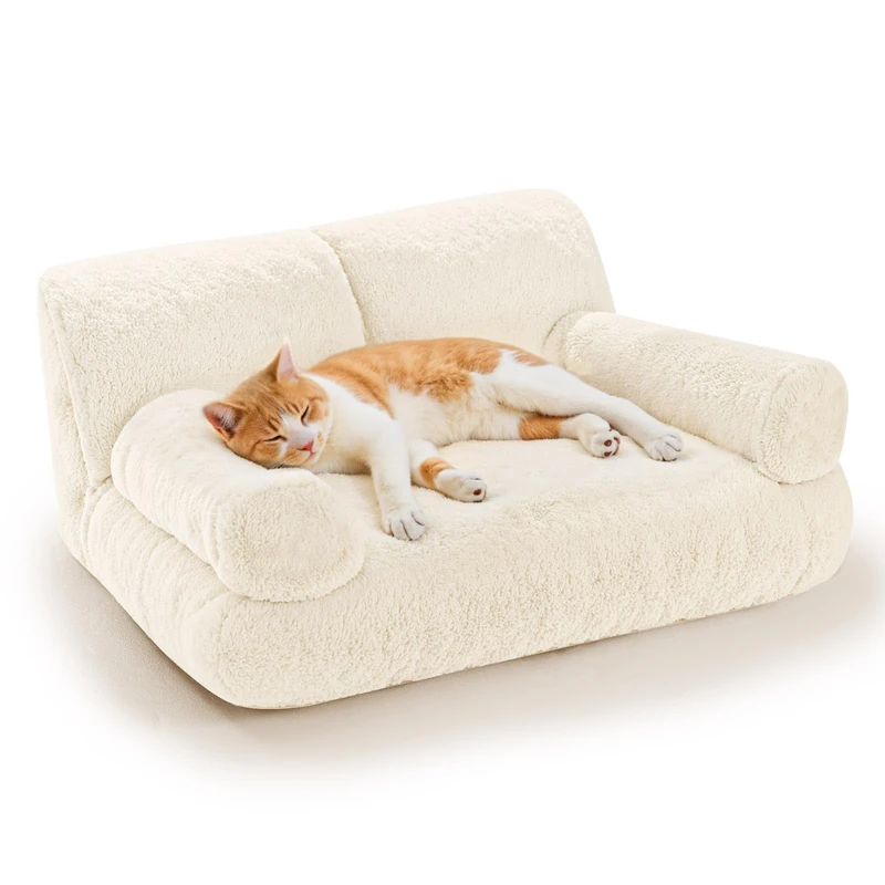 Gimars Upgrade Large Cat Couch Bed-Added 10% More Stuff Sponge, Orthopedic Pet Beds with Bolstered Edges, Fluffy Washable Cat Beds for Indoor with Removable Cover, Anti Slip Base,Milk White Color