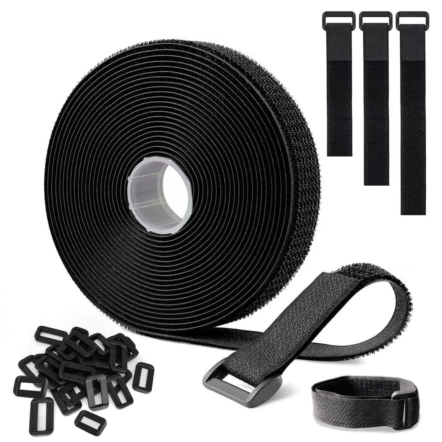 Adjustable Cable Straps 5m with 25 Buckles Free Cut Length, Reusable Fastening Cable Ties, Hook and Loop Securing Strap for Cable Tidy, Wire Management, Cord Organiser, Black 2cm Wide