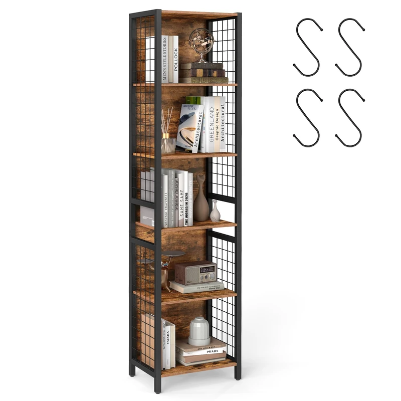 VASAGLE Book Shelf, 6-Tier Bookcase, Shelving Unit with 4 Hooks, 30 x 40 x 175.6 cm, for Office, Study, Living Room, Bedroom, Rustic Brown and Ink Black LLS170K01