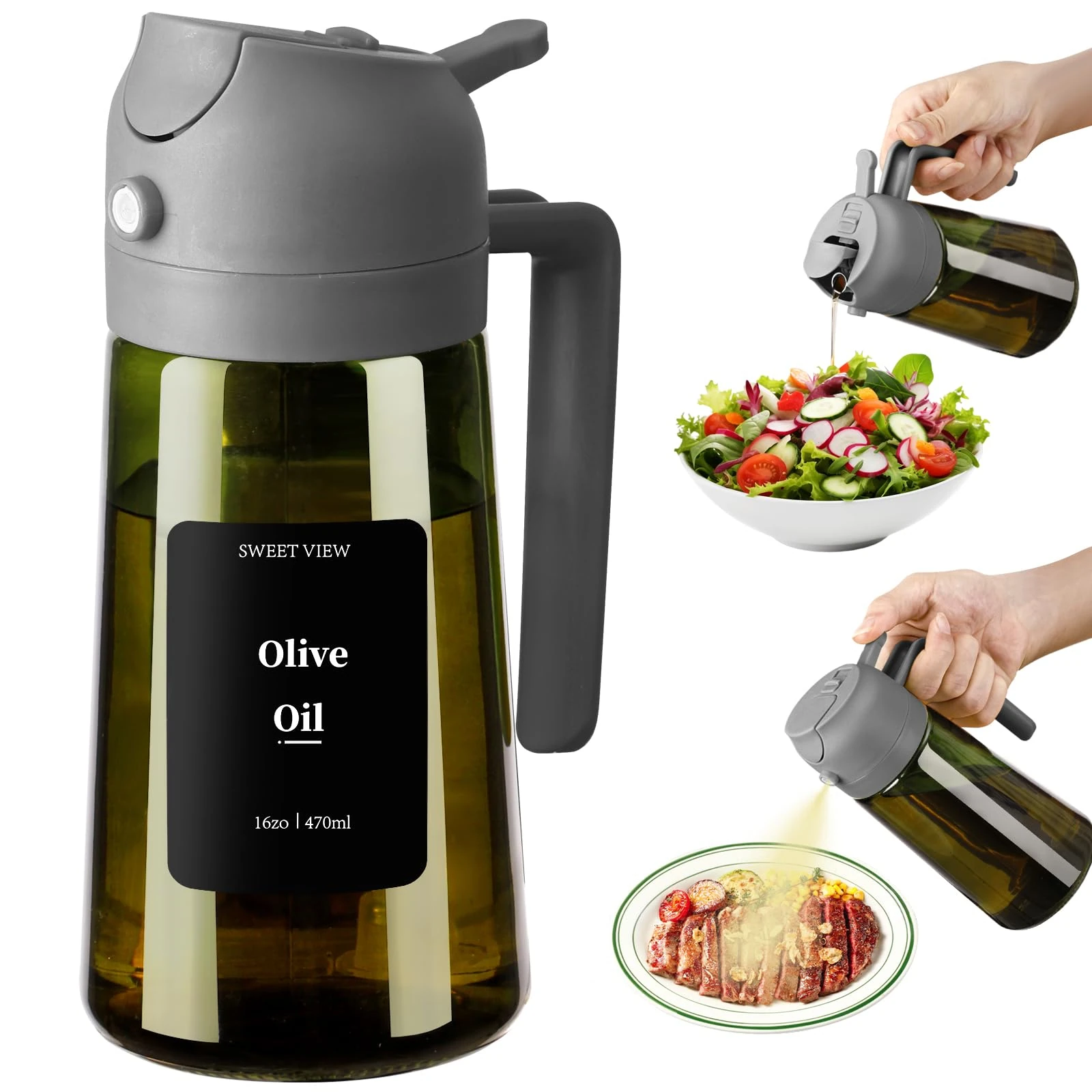 SWEET VIEW Olive Oil Dispenser and Sprayer – 16oz/470ml Glass Light-Proof Pour Bottle, Kitchen Gadgets Accessories for Air Fryer, Cooking, Salad, and BBQ
