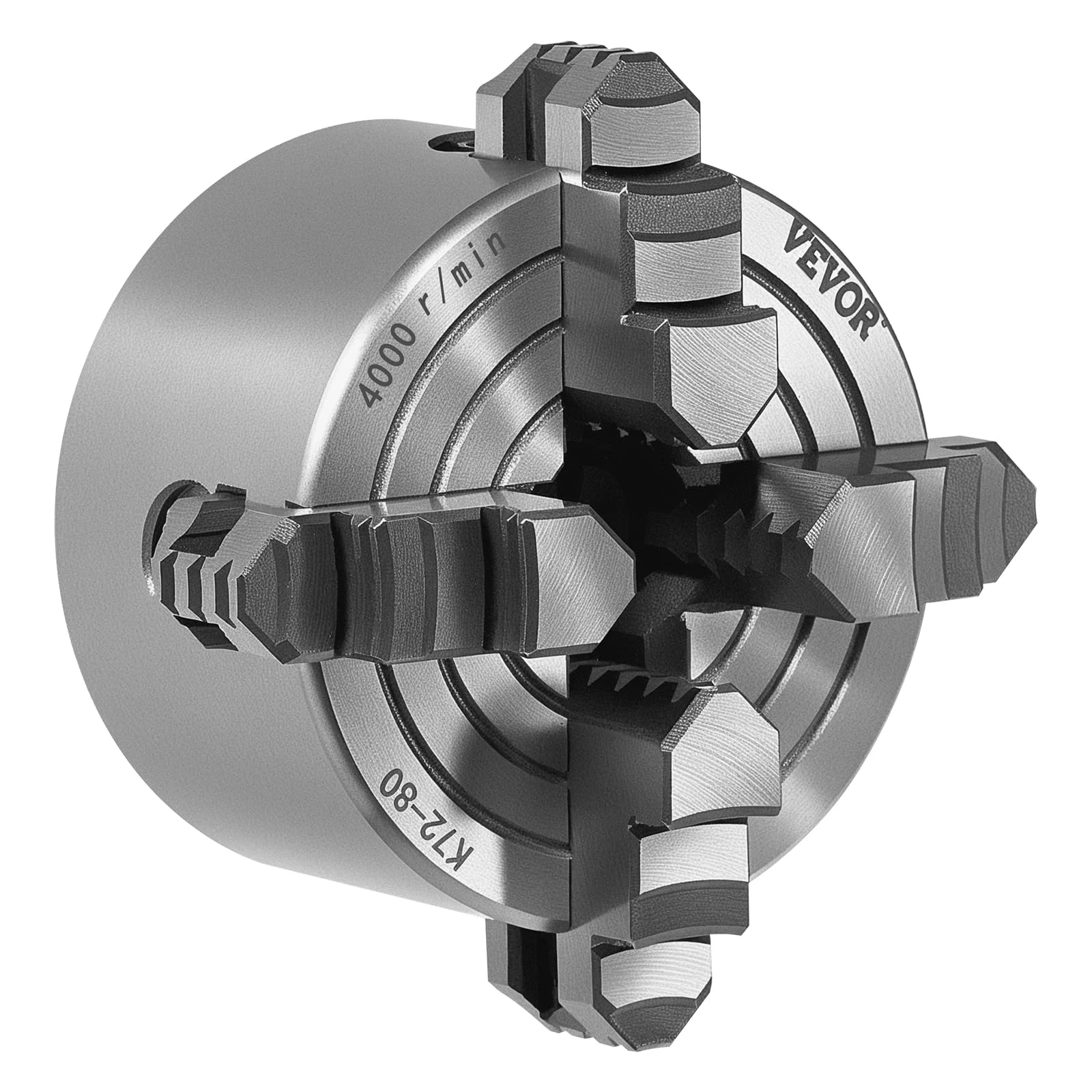 VEVOR 4-Jaw Lathe Chuck, 3 Inch (80 mm), 4-Jaw Chuck, 0.1-3.15 in (5-80 mm) Clamping Range with T-Key Fixing Screws Reversible Jaws, HT300 Material, Internal External for Wood Metal Lathe