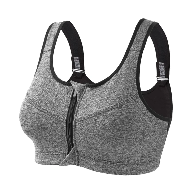 zoogobee Sports Bra Post Surgery Bra Zip Front Supportive Bras for Women Sports Bras Women High Impact Sports Bra for Large Breasts (UK, Alpha, L, Regular, Regular, Gray)