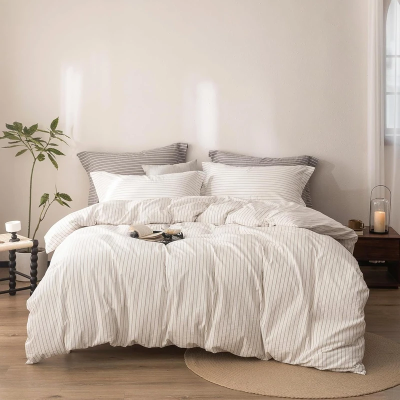 Warm Moment Stripe Duvet Cover Super King Plus Size 120inch x 120inch,100% Washed Cotton Linen Feel Duvet Cover with Zipper Closure and 2 Pillowcases, Color of Off White-Linen Grey Stripe