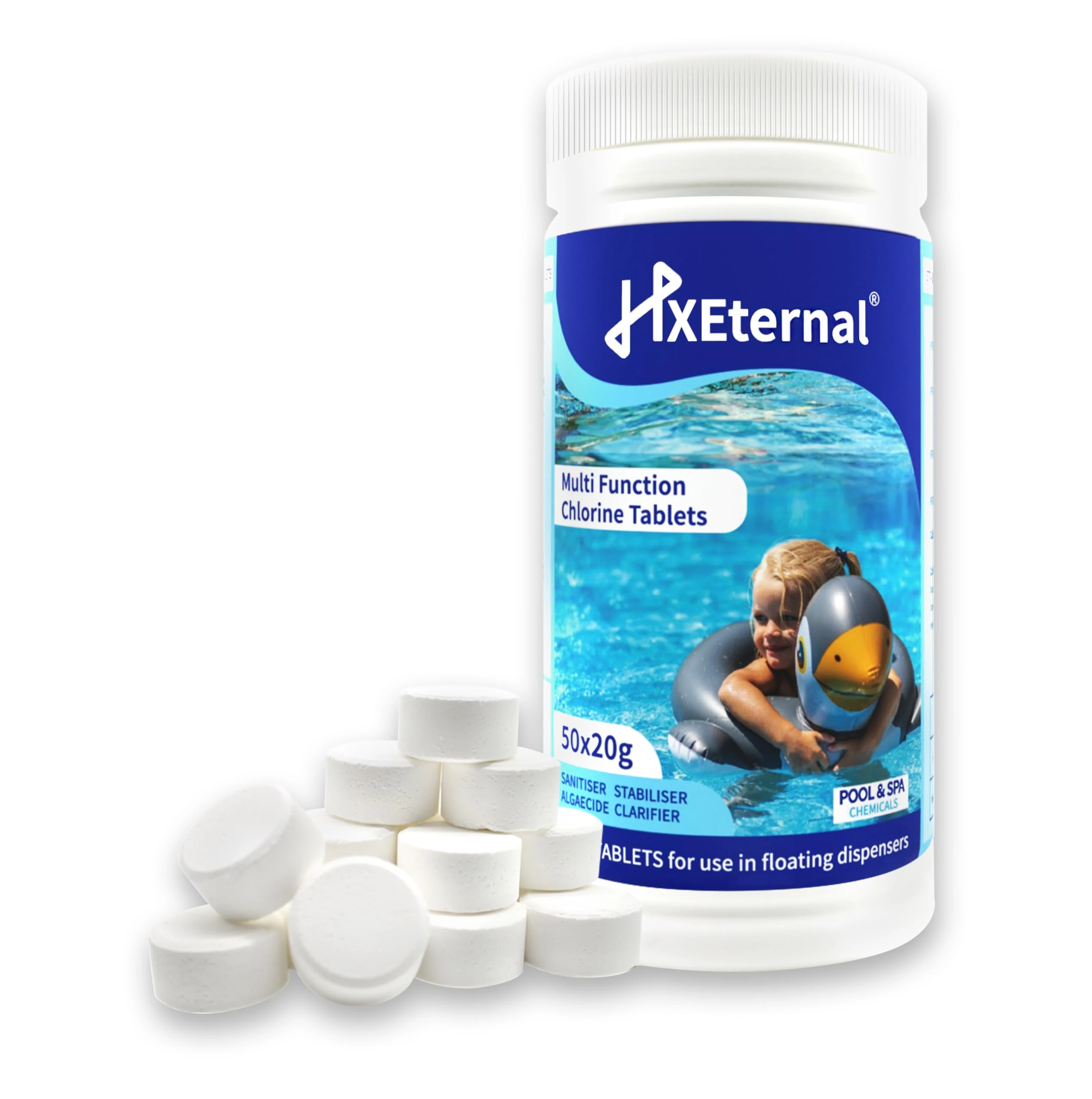 HXEternal 1 kg Multifunctional Chlorine Tablets, Suitable for swimming pool, Hot tub, Spa, 4-in-1 Dispenser Tablets,Pool clean tables, Clarifier for water, Swimming pools chemicals 50 x 20g 1KG