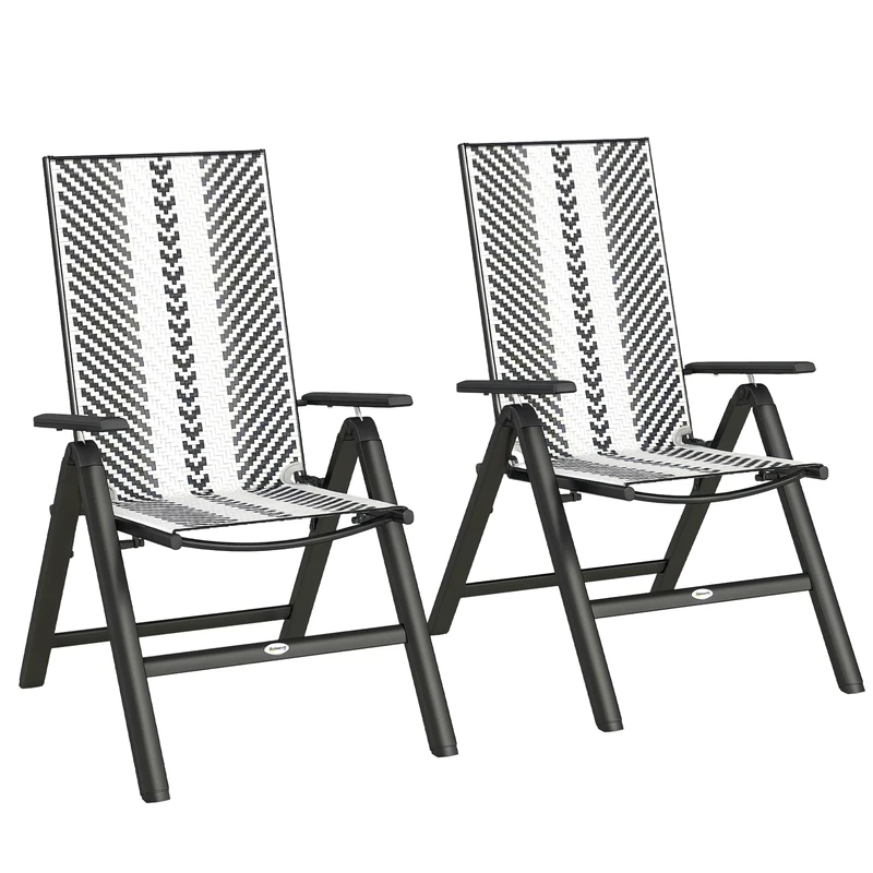 Outsunny Folding Rattan Garden Chairs Set of 2, 5-Position Reclining Garden Dining Chairs, High Back PE Wicker Outdoor Recliners with Armrest and Steel Frame for Patio, Terrace, Balcony, Grey