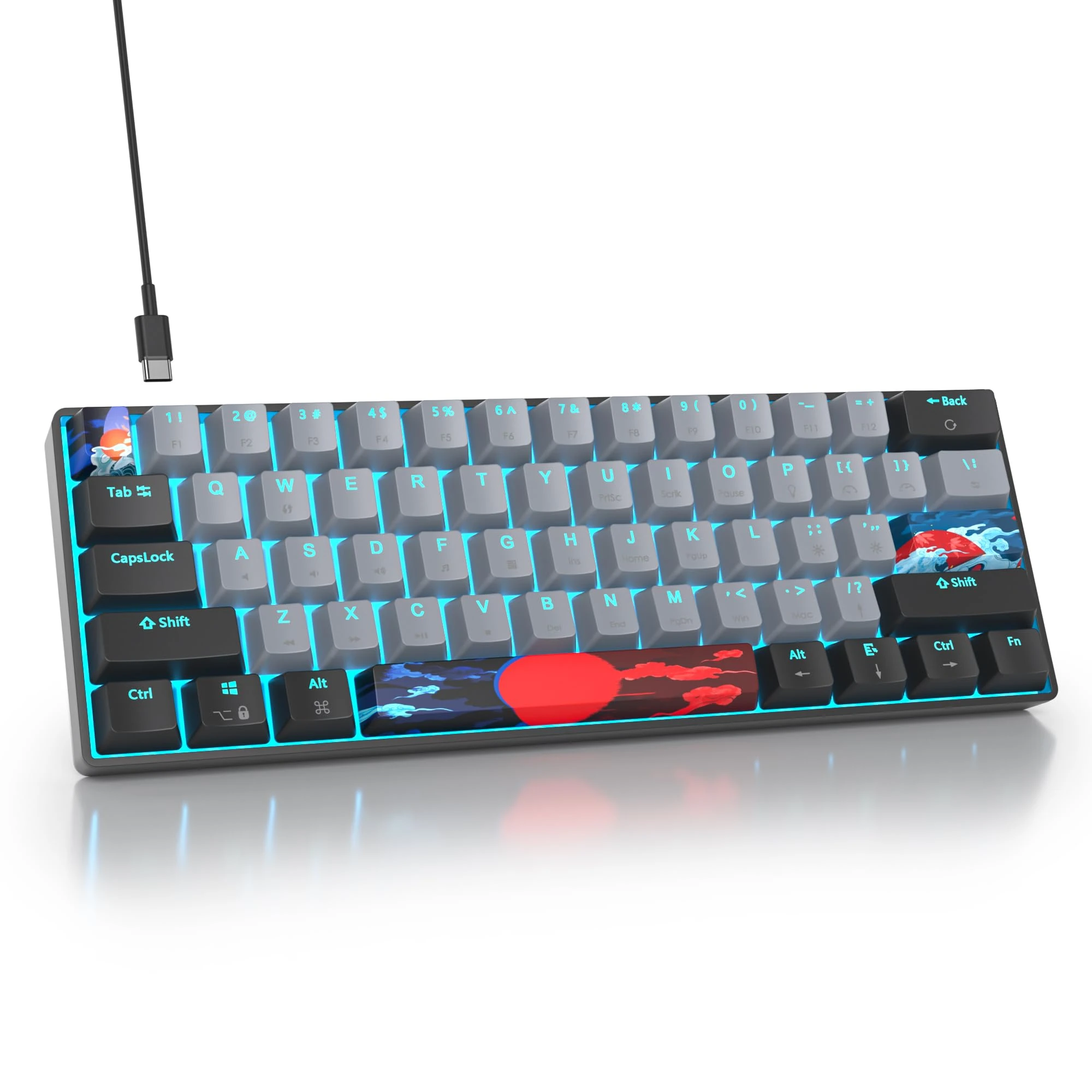 SOLIDEE 60% Mechanical Gaming Keyboard,61 Keys with Linear Red Switches,Wired Mechanical Keyboard with Ice Blue Light LED Backlit,Compact Ergonomic Design for PS5/PS4/Xbox(61 Black Grey)