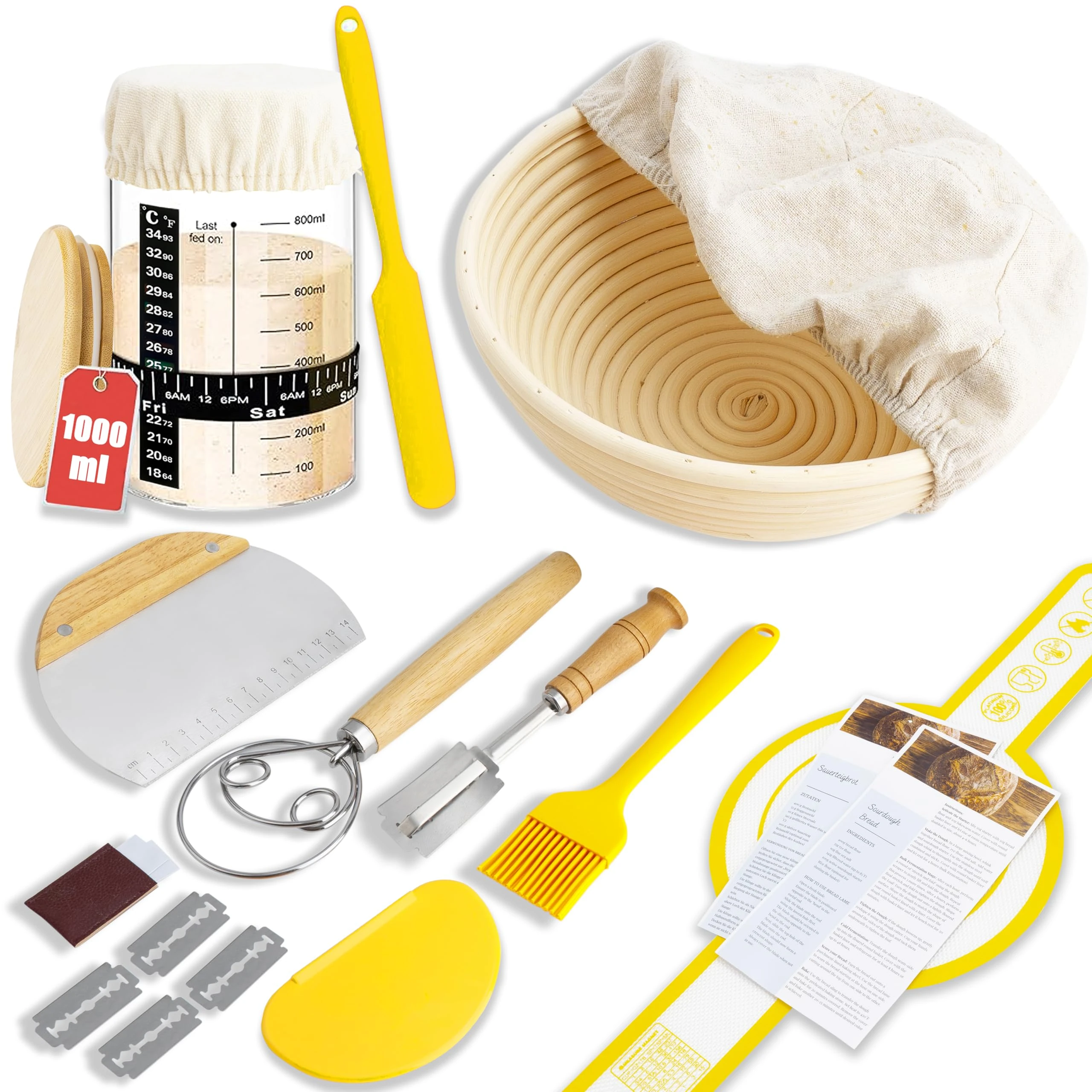 SoLuna.® Sourdough Starter Kit for Bread Making with Banneton Proofing Basket & 1 Litre/1000ml Jar [Premium Glass] - Large Borosilicate Sourdough Starter Jar - Handmade & Eco-friendly Basket (Yellow)