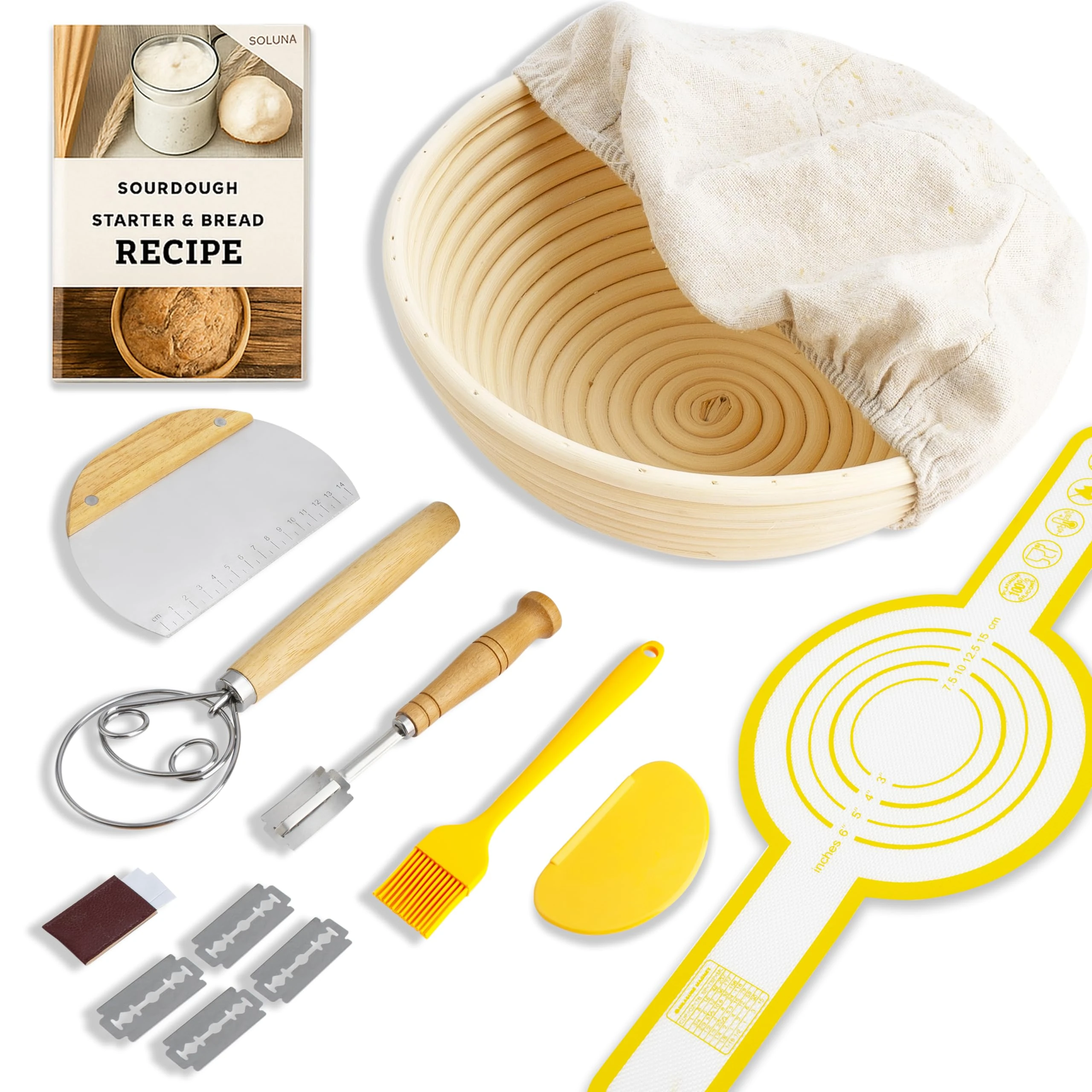 SoLuna.® Sourdough Starter Kit for Bread Making with Banneton Proofing Basket 23cm Round, Handmade, Eco-friendly, Indonesian Rattan - Sourdough Starter Supplies Kits, Bread Baking Accessories (Yellow)