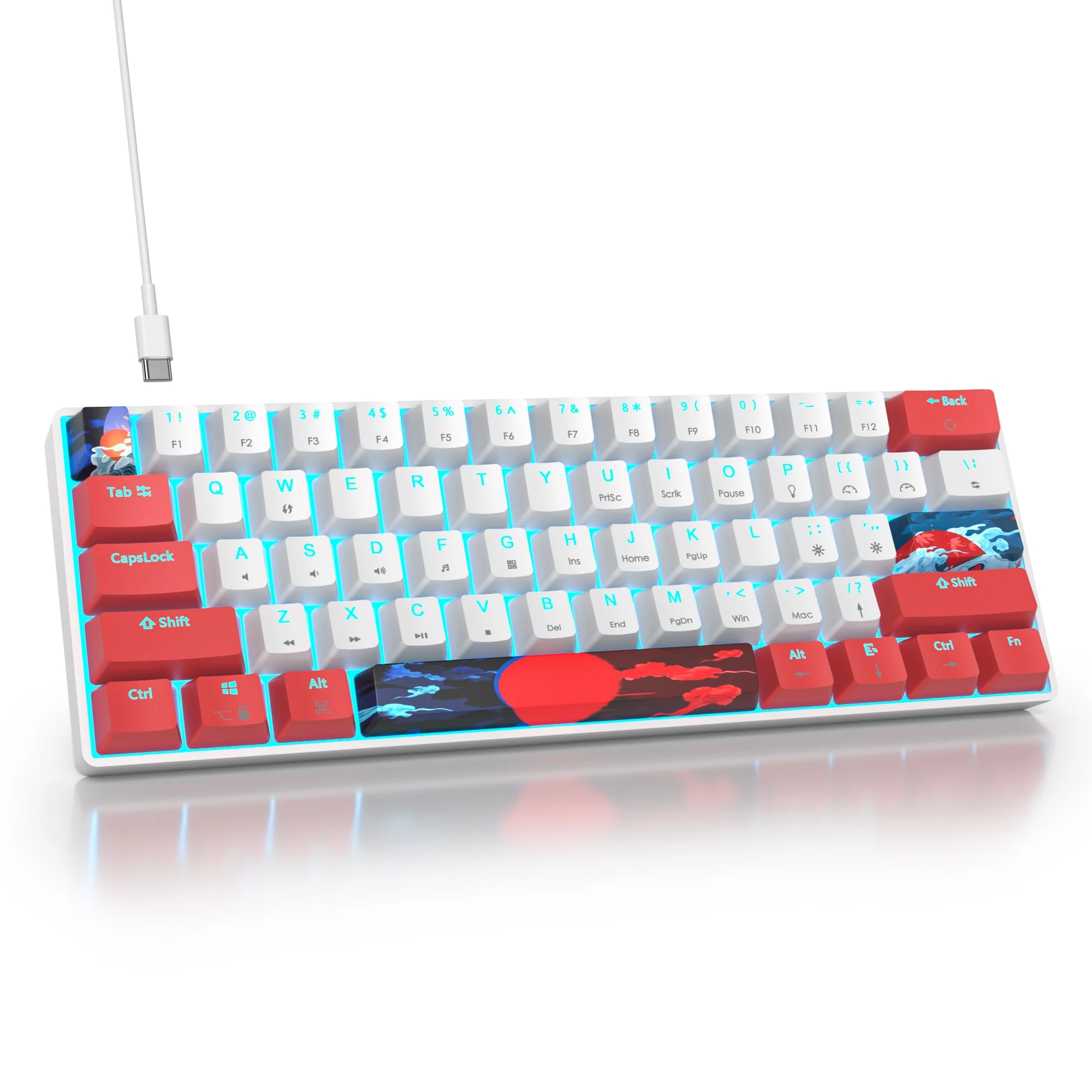 SOLIDEE 60% Mechanical Gaming Keyboard,61 Keys with Linear Red Switches,Wired Mechanical Keyboard with Ice Blue Light LED Backlit,Compact Ergonomic Keyboard for PS5/PS4/Xbox(61 Red White)