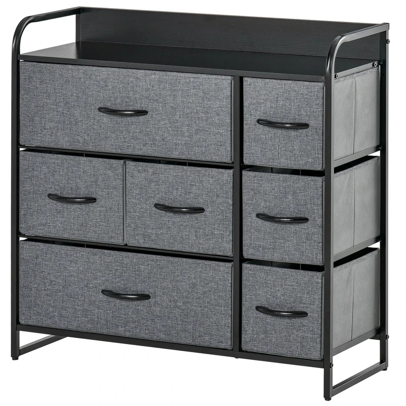 HOMCOM Chest of Drawers with 7 Foldable Drawers, 3-Tier Fabric Bedroom Dresser, Clothes Storage Unit for Bedroom, Living Room, Grey