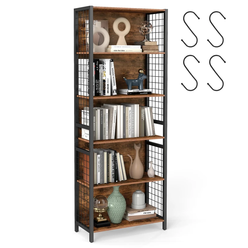 VASAGLE Book Shelf, 6-Tier Bookcase, Shelving Unit with 4 Hooks, 30 x 60 x 175.6 cm, for Office, Study, Living Room, Bedroom, Rustic Brown and Ink Black LLS171K01