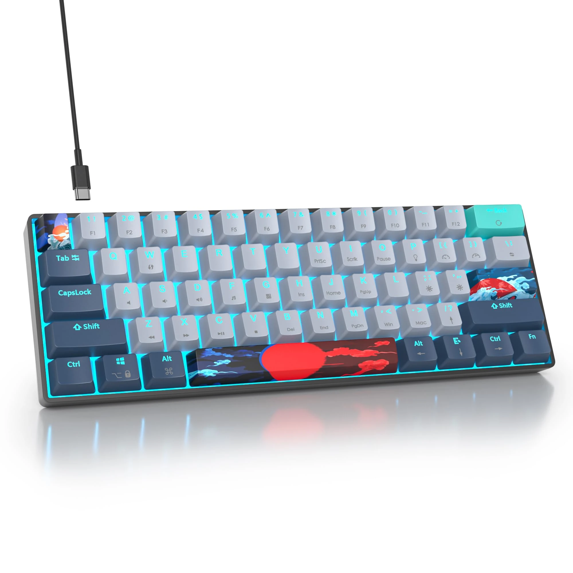 SOLIDEE 60% Mechanical Gaming Keyboard,61 Keys with Linear Red Switches,Wired Mechanical Keyboard with Ice Blue Light LED Backlit,Compact Ergonomic Keyboard for PS5/PS4/Xbox(61 Shark)