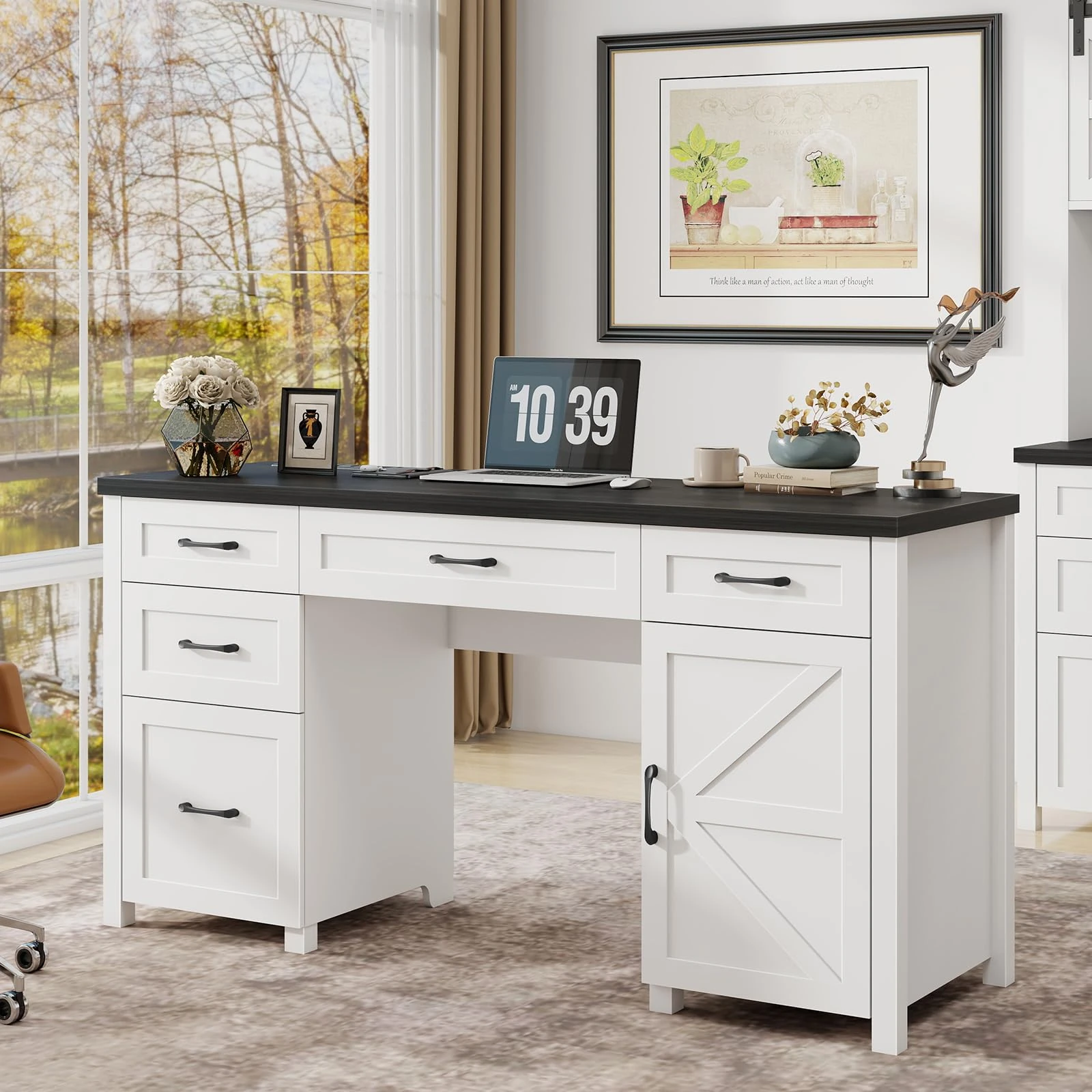 Farmhouse 61" Executive Desk with 5 Drawers,Rustic Office Computer Desk with Charging Station,File Drawers and Storage Cabinet, Wood Workstation for Home Office and Study, Black.