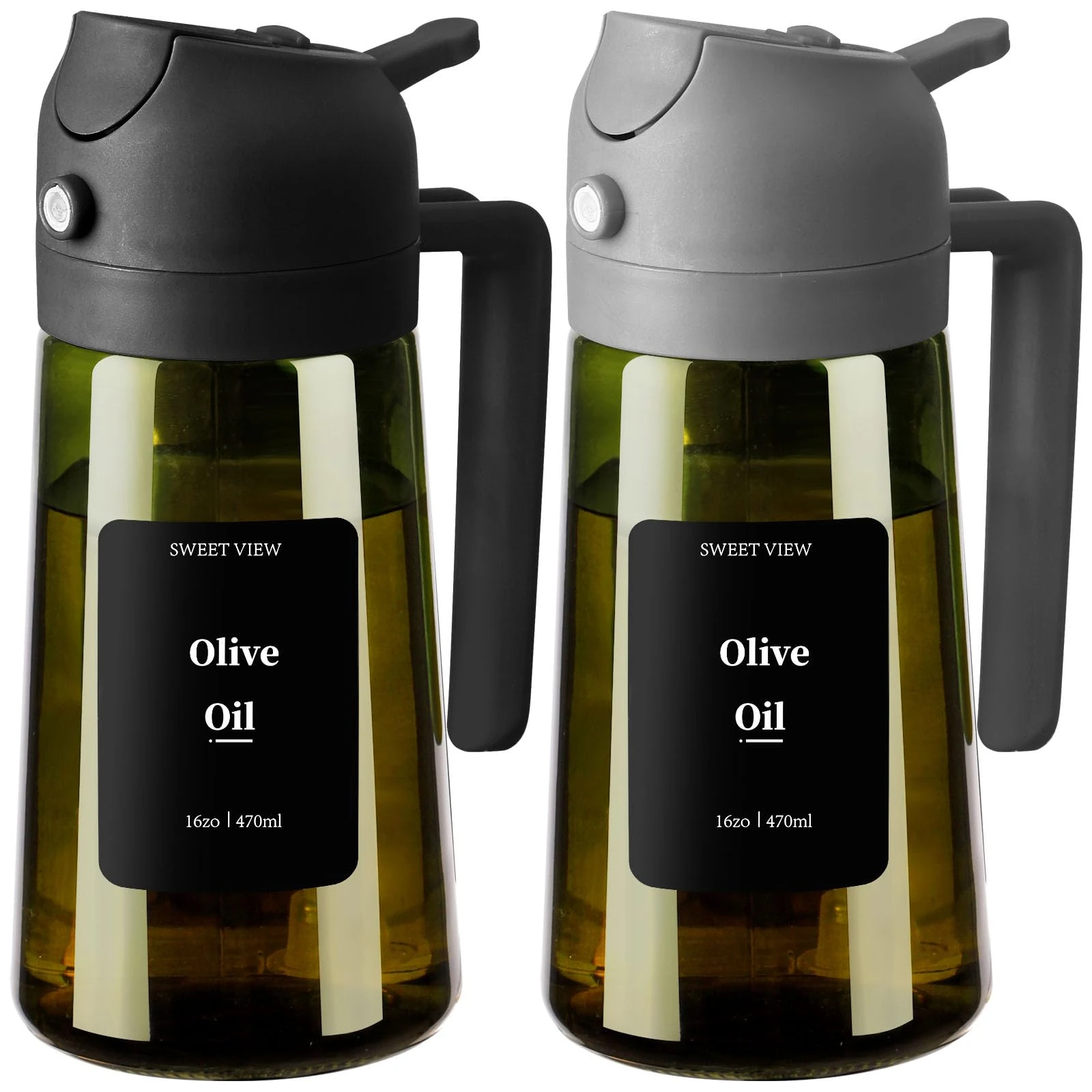SWEET VIEW 2PCS Olive Oil Dispenser and Sprayer – 16oz/470ml Glass Light-Proof Pour Bottle, Kitchen Gadgets Accessories for Air Fryer, Cooking, Salad, and BBQ