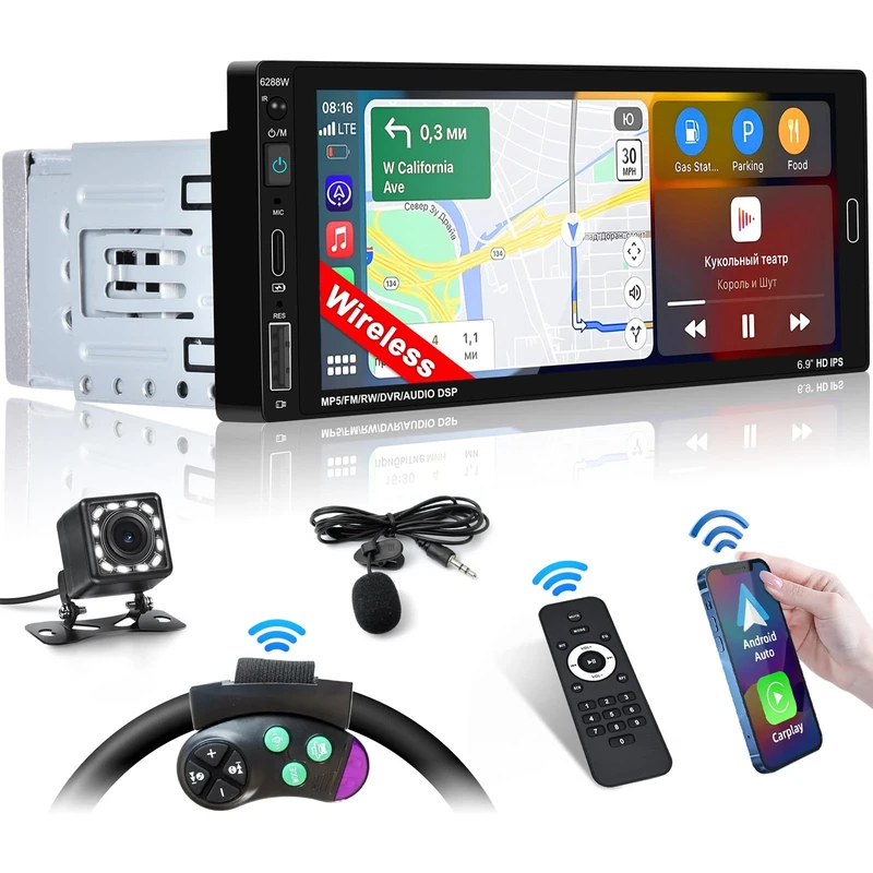 Inefala Single Din Car Stereo with Touchscreen 6.9" Compatible with Wireless CarPlay Android Auto 1 Din Car Radio with Bluetooth FM Radio USB Type-C 1.5A Fast Charge Backup Camera