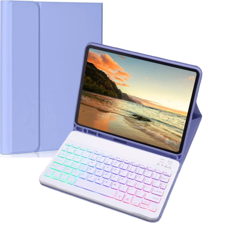 NUWONAYA Keyboard Case for iPad Pro 11 Inch Case 2022/2021/2020/2018,Slim Candy 7 Color Rainbow Backlight Detachable Magnetic Keyboard Cover with Pencil Holder,Purple