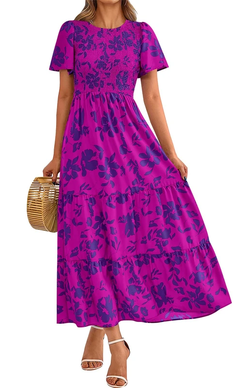 PRETTYGARDEN Women's 2026 Summer Casual Flutter Short Sleeve Boho Floral Maxi Dress Crew Neck Smocked Tiered Long Dresses, Floral Purple, L
