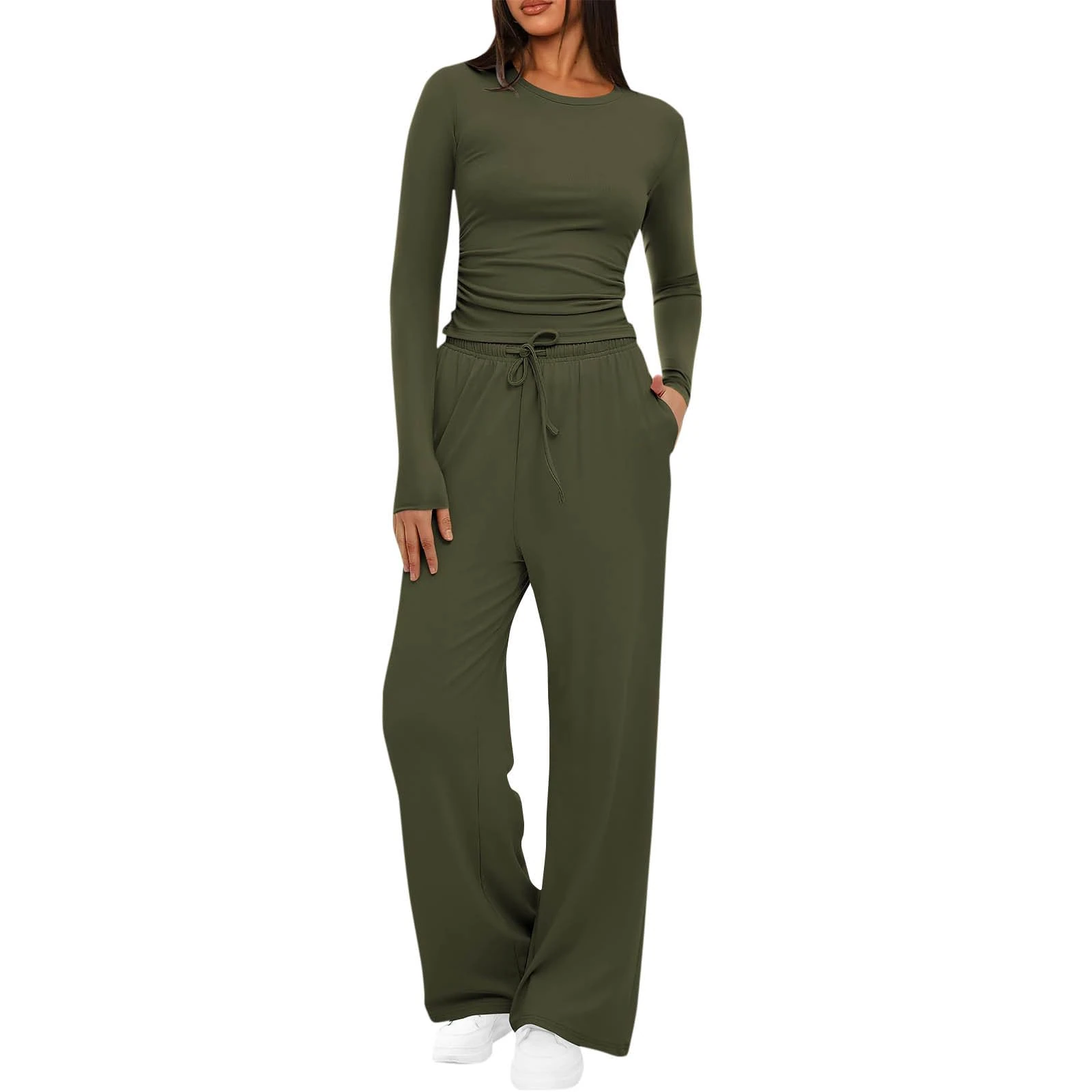 Mobeur Womens Tracksuit Set Two Piece Outfits Stretch Long Sleeve Crop Top and Drawstring Elastic Waist Wide Leg Trouser Solid Color Lounge Sets Y12k Outfits Ladies Yoga Trousers Suit