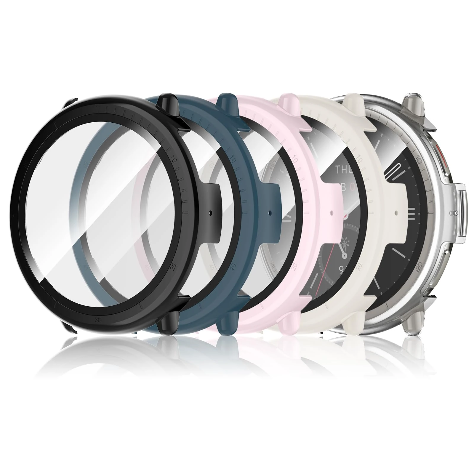Hianjoo 5-Pack Screen Protector Compatible with Amazfit Active 2 44mm, All-round Protective Tempered Glass PC Case Bumper Cover